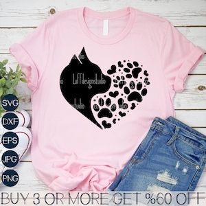 Chat Saint-Valentin SVG, SVG coeur patte, amoureux des chats Saint Valentin, chat maman SVG, Png populaire, fichiers pour Cricut, téléchargements de dessins par sublimation