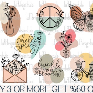 May include: A set of 8 digital clipart images featuring various designs, including a peace sign, a butterfly, a bouquet of flowers, a vase of flowers, an envelope with flowers, a bicycle with a basket of flowers, a yellow circle with the text "Hello Spring", and a green circle with the text "Live Life in Full Bloom".