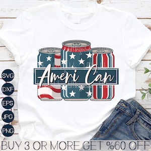 May include: Three red, white, and blue patterned aluminum cans with the text "Ameri Can" in a white banner. The cans are arranged in a row with the middle can slightly higher than the other two.