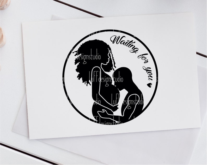 May include: Black and white silhouette of a pregnant woman and a man embracing in a circle with the text "Waiting for you" and a heart.