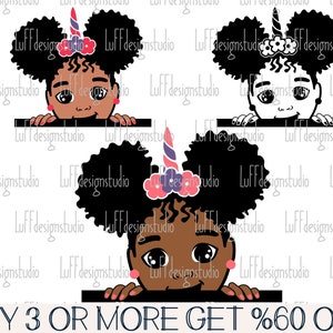 May include: A digital illustration of a Black girl with curly hair peeking over a white surface. She is wearing a unicorn headband with pink and purple flowers. The girl has brown skin and big brown eyes.