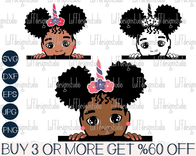 May include: A digital illustration of a Black girl with curly hair peeking over a white surface. She is wearing a unicorn headband with pink and purple flowers. The girl has brown skin and big brown eyes.