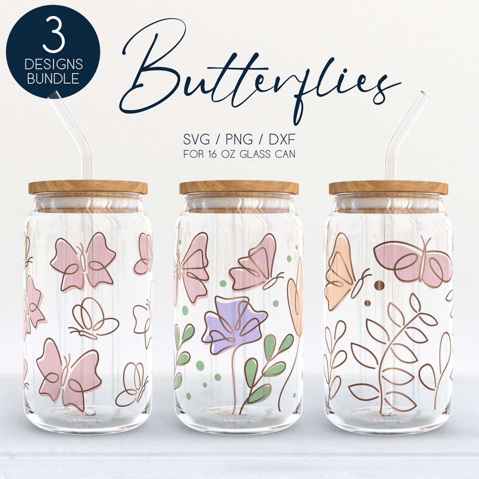 Butterfly Libbey Glass SVG Bundle, Wild Flowers 16oz Beer Can Wrap Svg ...