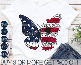 American Flag Butterfly SVG, 4th of July SVG, Patriotic Woman SVG, Sunflower Svg, Png, Svg Files For Cricut, Sublimation Designs Downloads