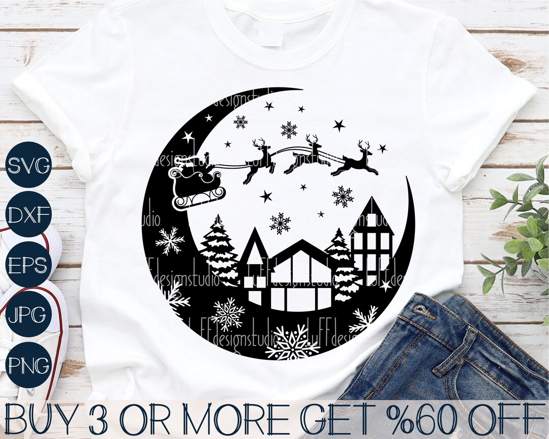 Christmas Scene SVG, Santa Sleigh SVG, Flying Reindeer SVG, Moon Svg ...