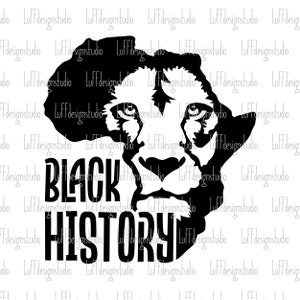 May include: A black and white graphic featuring the African continent shaped as a lion's head. The words "BLACK HISTORY" are stacked below the lion's head in bold, capital letters. The background is a repeating pattern of the text "Luffdesignstudio".