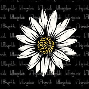 Op de afbeelding: Een witte madeliefje met een geel centrum met een luipaardprint. De madeliefje is ge&iuml;soleerd op een zwarte achtergrond.
