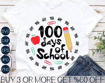 100 Days of School SVG, Back To School SVG, 100th Day of School SVG, Pencil Svg, Apple Png, File For Cricut, Sublimation Designs Downloads