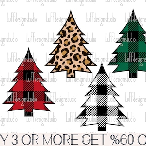 May include: Three Christmas tree designs in a digital download. The trees are in a red and black plaid, a green and black plaid, and a leopard print.