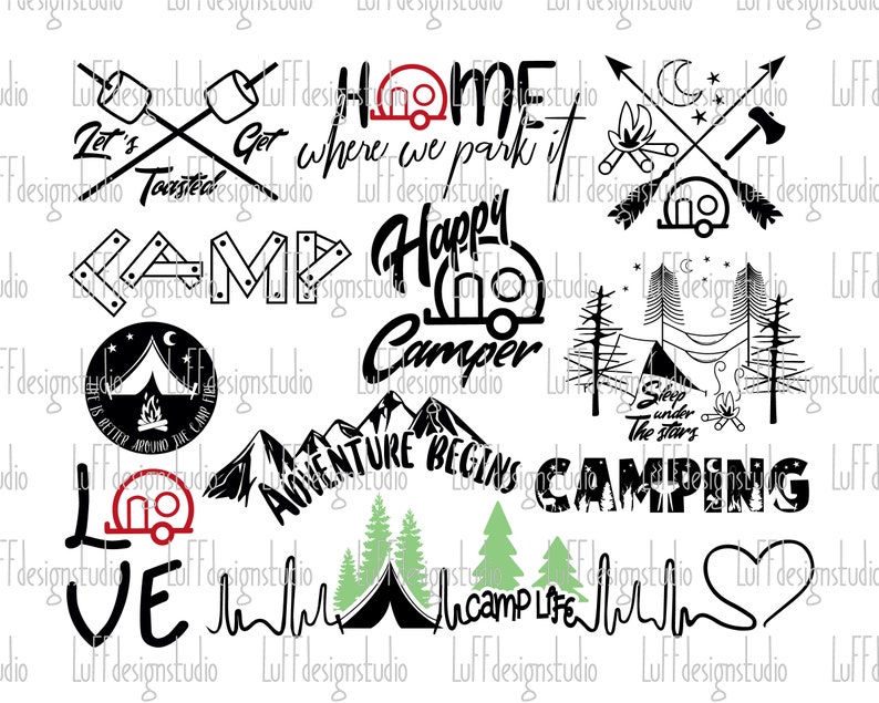 Op de afbeelding: Zwart-witte illustraties met een campingthema met tekst waaronder "Let's Get Twisted", "Home Where We Park It", "Happy Camper", "Adventure Begins Camping", "Camp Life" en "Sleep Under The Stars".