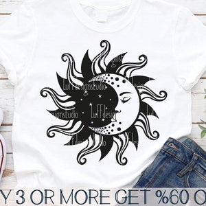 Soleil et lune SVG, SVG céleste, chemise Boho SVG, Boho lune Svg, étoiles, populaire, Png, fichiers Svg pour Cricut, téléchargements de motifs par sublimation