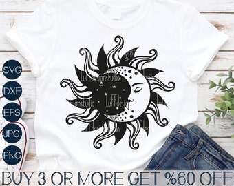 Sun and Moon SVG, Celestial SVG, Boho Shirt SVG, Bohemian Moon Svg, Stars, Popular, Png, Svg Files For Cricut, Sublimation Designs Downloads