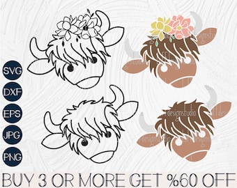 Highland Cow SVG, Cow with Flowers SVG, Floral Cow Head SVG, Cow Face Png, Sunflower Svg, Svg File For Cricut, Sublimation Designs Downloads