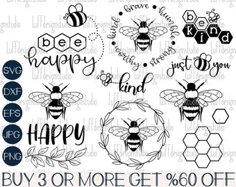 Bee SVG-bundel, Bee Kind SVG, Bee Happy SVG, Bumble Bee Svg, honingraat Svg, Bee Sayings Svg-bestanden voor de Cricut, sublimatie ontwerpen downloads