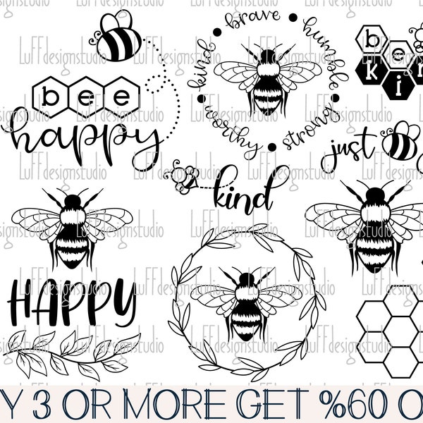 Bee SVG Bundle, Bee Kind SVG, Bee Happy SVG, Bumble Bee Svg, Honeycomb Svg, Bee Sayings Svg Files For Cricut, Sublimation Designs Downloads