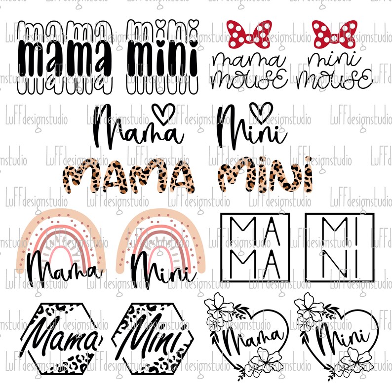 K&ouml;nnte beinhalten: Ein Set mit 10 digitalen Designs mit den W&ouml;rtern "mama" und "mini" in verschiedenen Stilen. Die Designs beinhalten einen Regenbogen, Leopardenmuster, Herzen und ein Quadrat mit den Buchstaben "MA" und "MI".