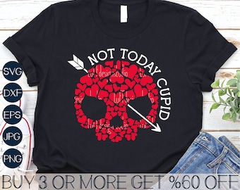 May include: Black t-shirt with a white graphic of a skull made of hearts and an arrow. The text "NOT TODAY CUPID" is written around the skull.