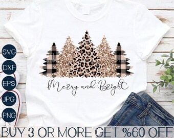 Christmas Tree SVG, Merry and Bright SVG, Leopard Christmas Trees PNG, Buffalo Plaid Tree Svg, Dxf, Cricut, Sublimation Designs Downloads