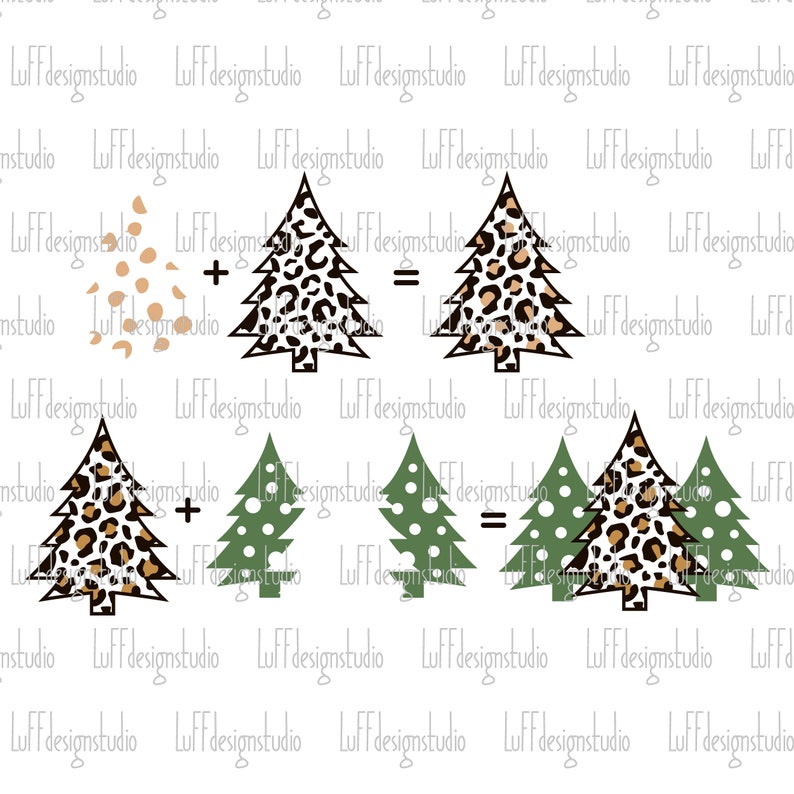 K&ouml;nnte beinhalten: Digitale Illustration von Weihnachtsb&auml;umen mit Leopardenmuster und gr&uuml;nen Punkten. Mathematische Gleichungen werden mit den B&auml;umen dargestellt, wobei Plus- und Gleichheitszeichen verwendet werden. Der Hintergrund ist wei&szlig;.