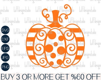 Pode incluir: Abóbora laranja com listras brancas e bolinhas. A abóbora tem um design de espiral ao redor das bordas. O texto "BUY 3 OR MORE GET %60 OFF" está na parte inferior da imagem.
