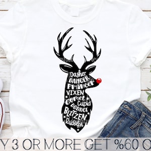 Renne SVG, SVG de Noël, noms de rennes SVG, chemise de Noël drôle pour enfants Svg, Png, fichiers Svg pour Cricut, téléchargements de motifs par sublimation