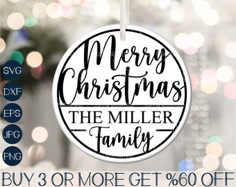 Puede incluir: Un adorno navideño redondo blanco con texto negro que dice "Feliz Navidad La Familia Miller".