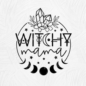 May include: Black and white illustration of a circle with the text "Witchy mama" inside. The circle is decorated with stars, moons, crystals, and flowers.