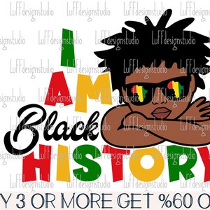May include: A digital illustration of a Black child with an afro wearing sunglasses with the colors of the Pan-African flag. The child is sitting with their arms crossed and looking to the side. The text "I AM BLACK HISTORY" is written in large, colorful letters below the child.