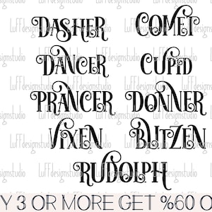 Noms de renne SVG, SVG de rennes du père Noël, Noël SVG, vintage Noël rustique, Png, fichiers Svg pour Cricut, téléchargements de motifs par sublimation
