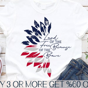 Land of the Free SVG, 4th of July SVG, American Flag Sunflower SVG, Patriotic Svg, Png, Svg Files For Cricut, Sublimation Designs Downloads