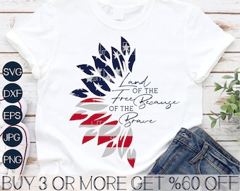 4th of July Svg Png, Land of the Free SVG, 4th of July SVG, American Flag Sunflower Png, Svg Files For Cricut, Sublimation Designs Downloads