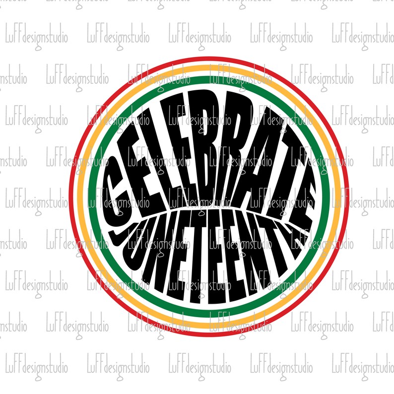 K&ouml;nnte beinhalten: Ein schwarzer Kreis mit den Worten "Celebrate Juneteenth" in einer stilisierten Schriftart. Der Kreis ist von drei konzentrischen Ringen in Rot, Gelb und Gr&uuml;n umgeben.