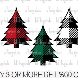 May include: Three Christmas tree designs in a plaid pattern. The trees are red and black, green and black, and white and black.