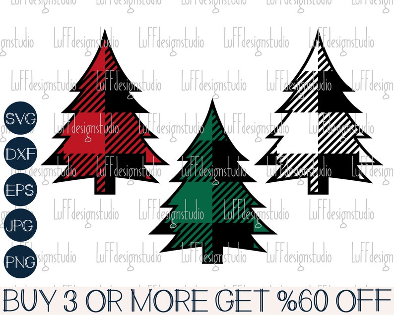 May include: Three Christmas tree designs in a plaid pattern. The trees are red and black, green and black, and white and black.