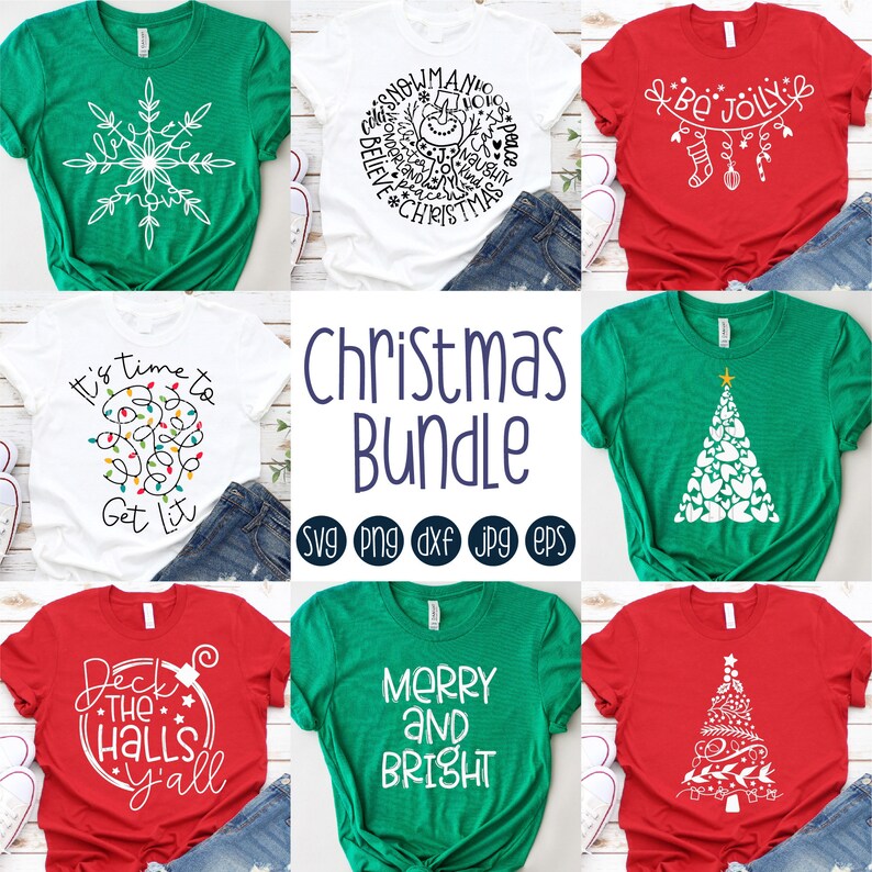 Op de afbeelding: Een set van 10 kerstthema SVG-snijbestanden voor knutselen en ontwerp. De ontwerpen omvatten een sneeuwvlok, een sneeuwpop, een kerstboom, een lichtsnoer, een zin die zegt "Deck the Halls Y'all", en een zin die zegt "Merry and Bright".