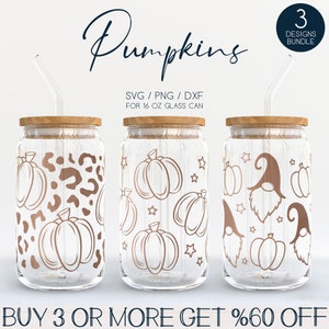 May include: Three designs for 16 ounce glass can tumblers featuring a pumpkin and fall themed pattern. The designs include a pumpkin and leopard print, a pumpkin and star pattern, and a pumpkin and gnome pattern.  SVG, PNG, and DXF files are included.  BUY 3 OR MORE GET %60 OFF.