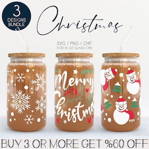 Pacote de vidro Libbey de Natal SVG, Ano Novo 16oz Beer Can Wrap Svg Png Dxf, Snowflake Coffe Cup Svg, Snowman Tumbler Wrap Svg para Cricut