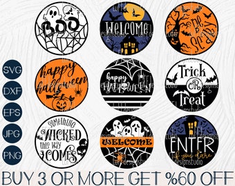 Placa redonda de Halloween SVG, Placa de boas-vindas de Halloween SVG, SVG assustador, Feliz Dia das Bruxas, PNG, Arquivos para Cricut, Downloads de designs de sublimação