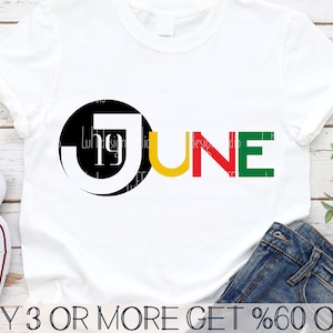 May include: A white t-shirt with a black circle containing a white "J" and the word "JUNE" in yellow, red, and green letters.