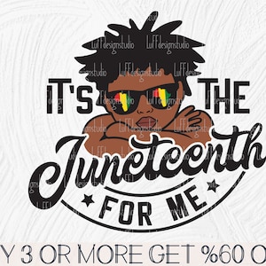 May include: A black and white illustration of a young person with afro hair wearing sunglasses with the Pan-African flag colors. The text "It's the Juneteenth for me" is in a circle around the person.
