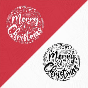 May include: Two black and white illustrations of a circle with the text "Merry Christmas" inside. The circle is surrounded by various Christmas-themed illustrations, such as snowflakes, candy canes, and holly.