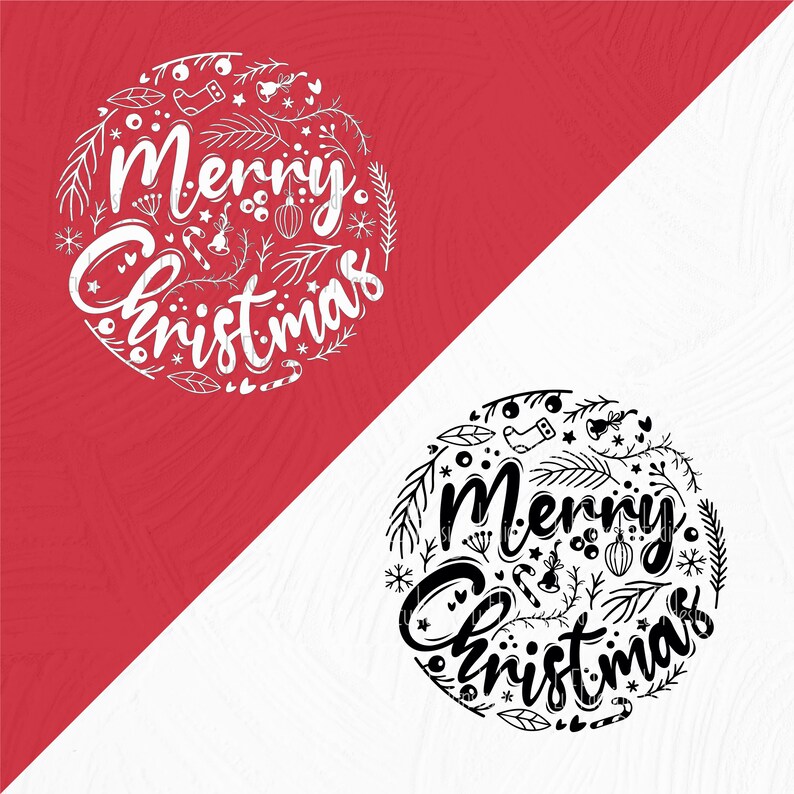 May include: Two black and white illustrations of a circle with the text "Merry Christmas" inside. The circle is surrounded by various Christmas-themed illustrations, such as snowflakes, candy canes, and holly.