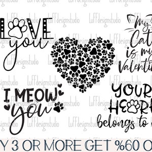 Chat Saint-Valentin SVG, SVG coeur patte, amoureux des chats Saint Valentin, chat maman SVG, Png populaire, fichiers pour Cricut, téléchargements de dessins par sublimation