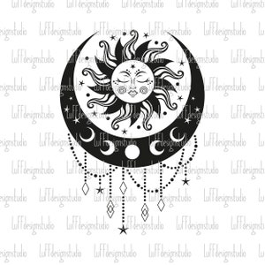 May include: Black and white illustration of a sun and moon with a crescent moon shape and a stylized sun with a face. The sun and moon are surrounded by stars and the moon is connected to a string of beads and diamonds.
