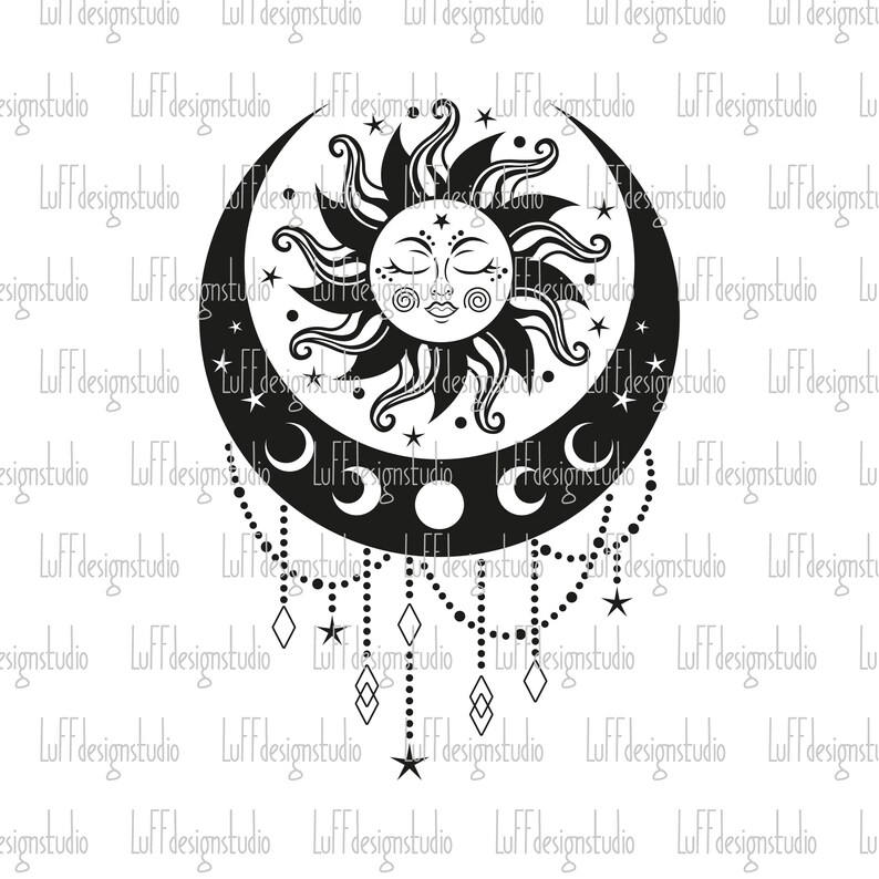 May include: Black and white illustration of a sun and moon with a crescent moon shape and a stylized sun with a face. The sun and moon are surrounded by stars and the moon is connected to a string of beads and diamonds.