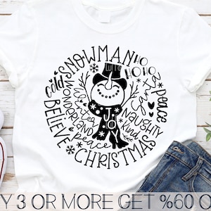 Muñeco de nieve SVG, Camiseta navideña divertida SVG, Invierno SVG, Believe Svg, Joy Svg, PNG populares, Archivos SVG para Cricut, Descargas de diseños de sublimación