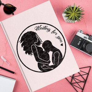 May include: Black and white silhouette of a pregnant woman and a man embracing, with the text "Waiting for you" above them. The image is on a pink background.