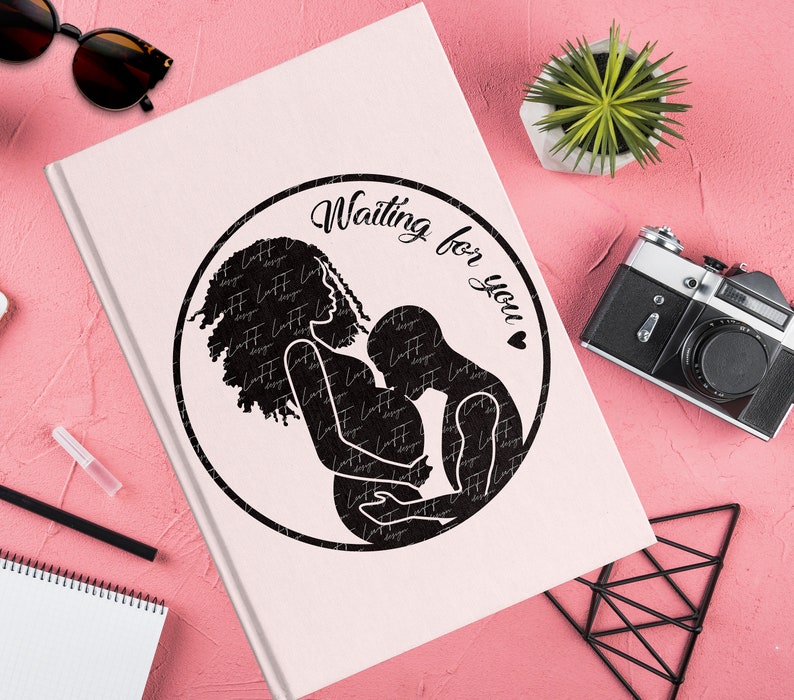 May include: Black and white silhouette of a pregnant woman and a man embracing, with the text "Waiting for you" above them. The image is on a pink background.