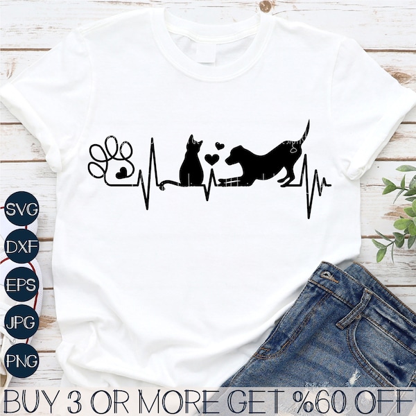 Dog and Cat Heartbeat SVG, Paw SVG, Cat Dog Lover Valentines Day Svg, Funny Animal Png, File For Cricut, Sublimation Designs Downloads
