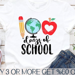 100 Dias de Escola SVG, 100º Dia de Escola SVG, Apple SVG, Lápis Svg, Professor Svg, Arquivos Svg para Cricut, Downloads de Designs de Sublimação